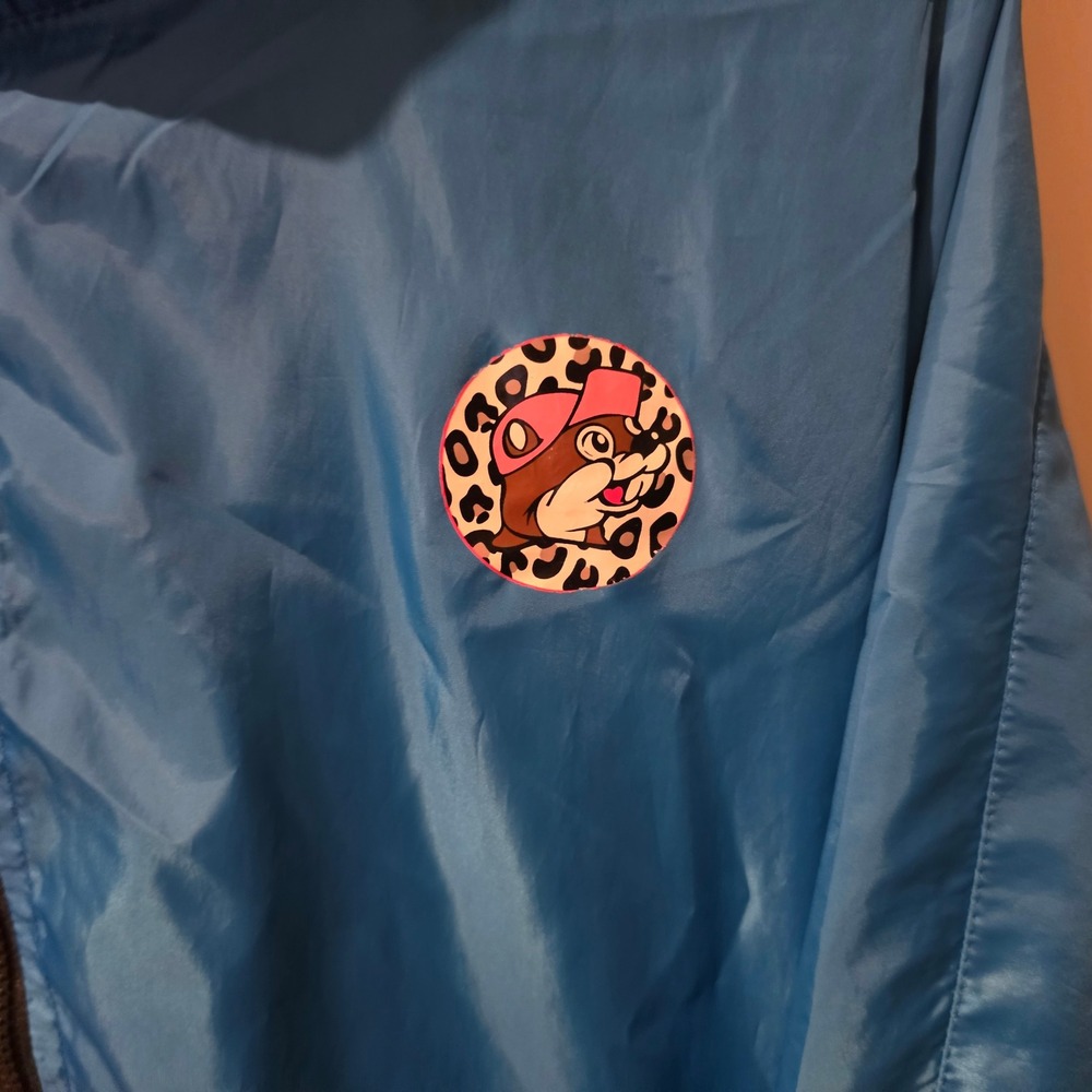 Buc-ee's Mens XL Colorblock Windbreaker Jacket Blue Black Pink Leopard Hood XL - Picture 2 of 7